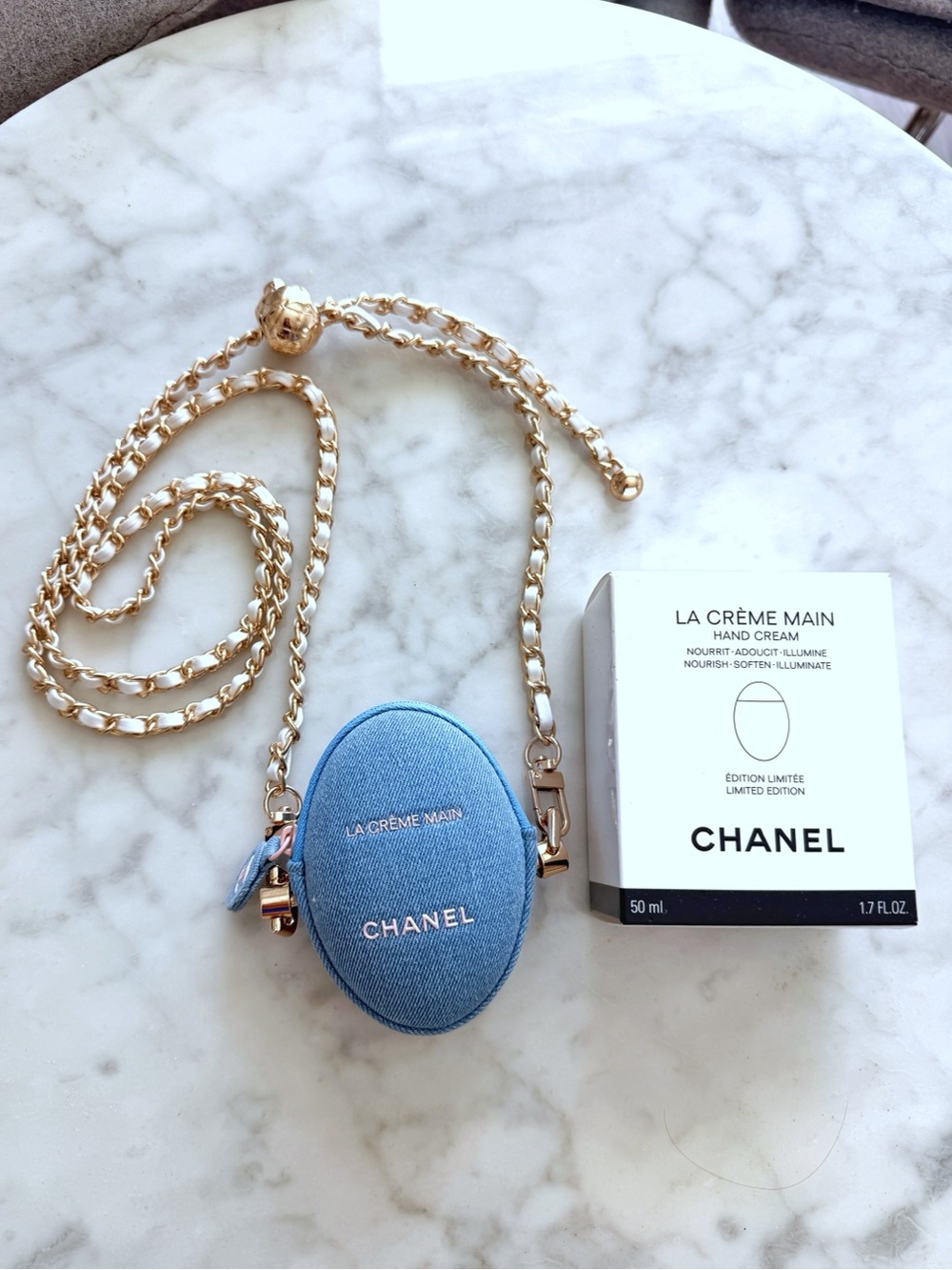 CHANEL Denim La Crème Main Crossbody Adjustable Chain Bag w. Pouch, Bag, Ribbon